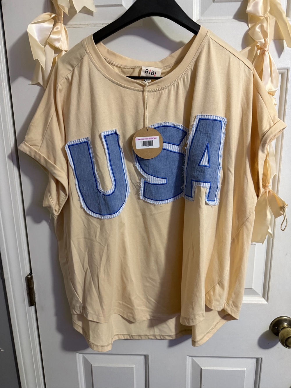 BiBi Cream Tee with Blue 'USA' Appliqué